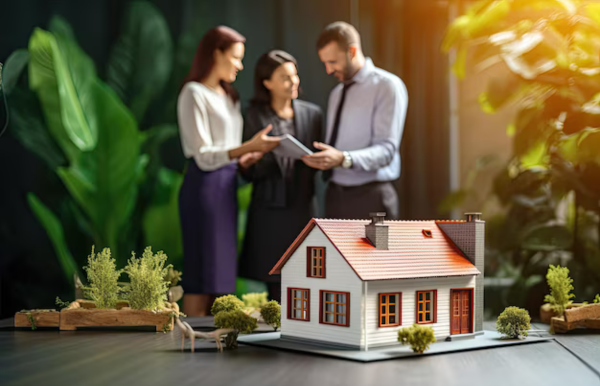 Real estate professionals discussing property details with a client in an office setting, with a miniature house model in the foreground, representing a 'Contact Us' scenario for real estate inquiries. Real estate professionals discussing property details with a client in an office setting, with a miniature house model in the foreground, representing a 'Contact Us' scenario for real estate inquiries.