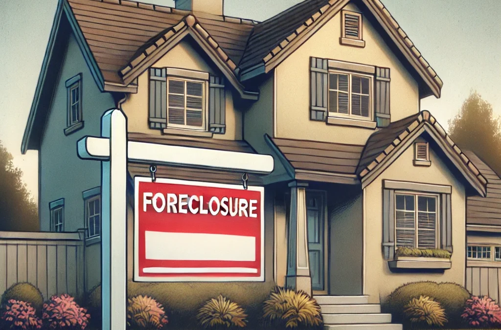 A family house facing foreclosure. The image shows a small suburban home with a 'Foreclosure' sign in the front yard.