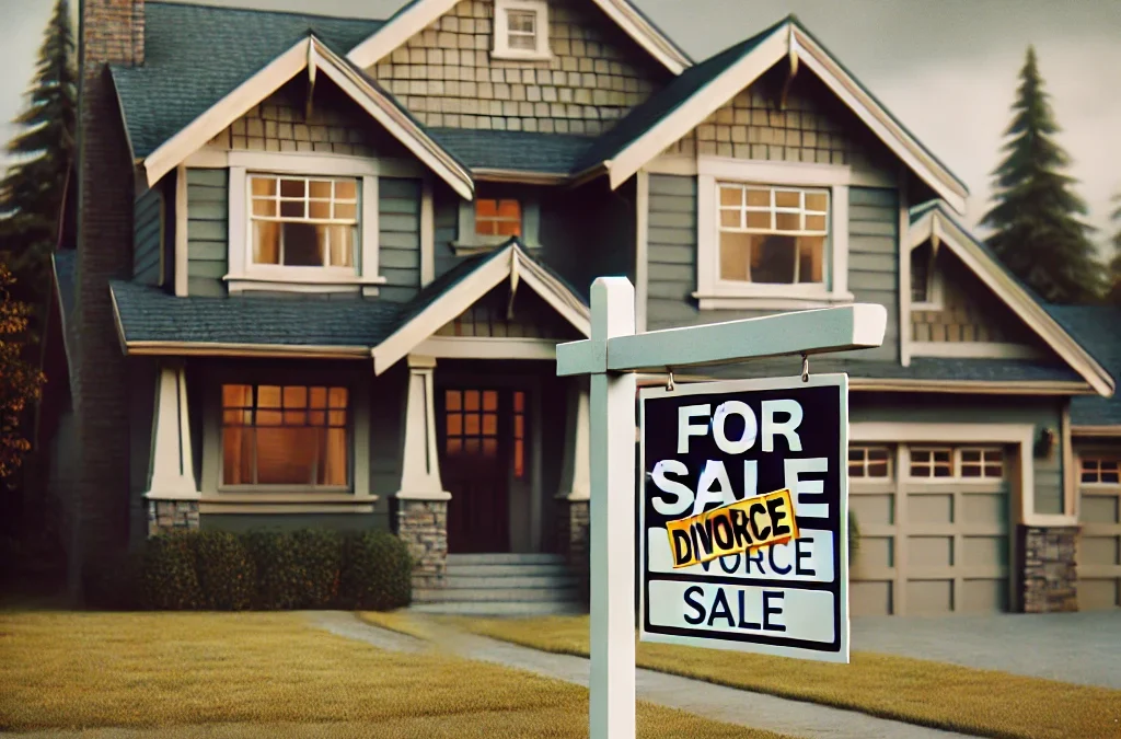 A suburban home with a 'For Sale' sign in the yard, symbolizing the sale of a family home due to divorce. The house is modest, with a well-maintained