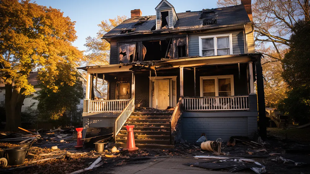 House with visible fire damage, including charred walls and broken windows, showing the effects of a recent fire. House with visible fire damage, including charred walls and broken windows, showing the effects of a recent fire.