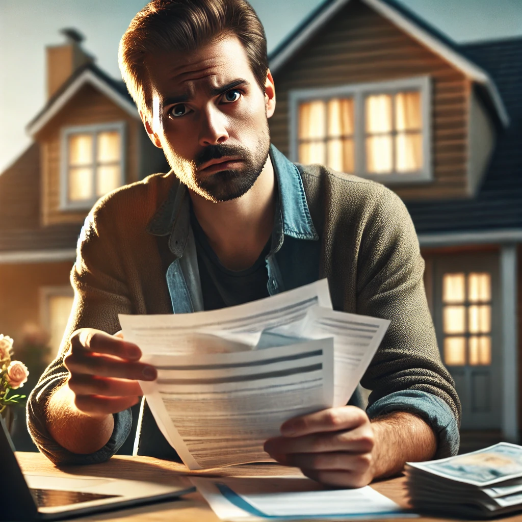 A homeowner holding financial documents, looking concerned while sitting at a table. The table has a laptop, mortgage docs a homeowner holding financial documents looking concerned while sitting at a table. The table has a laptop mortgage docu.