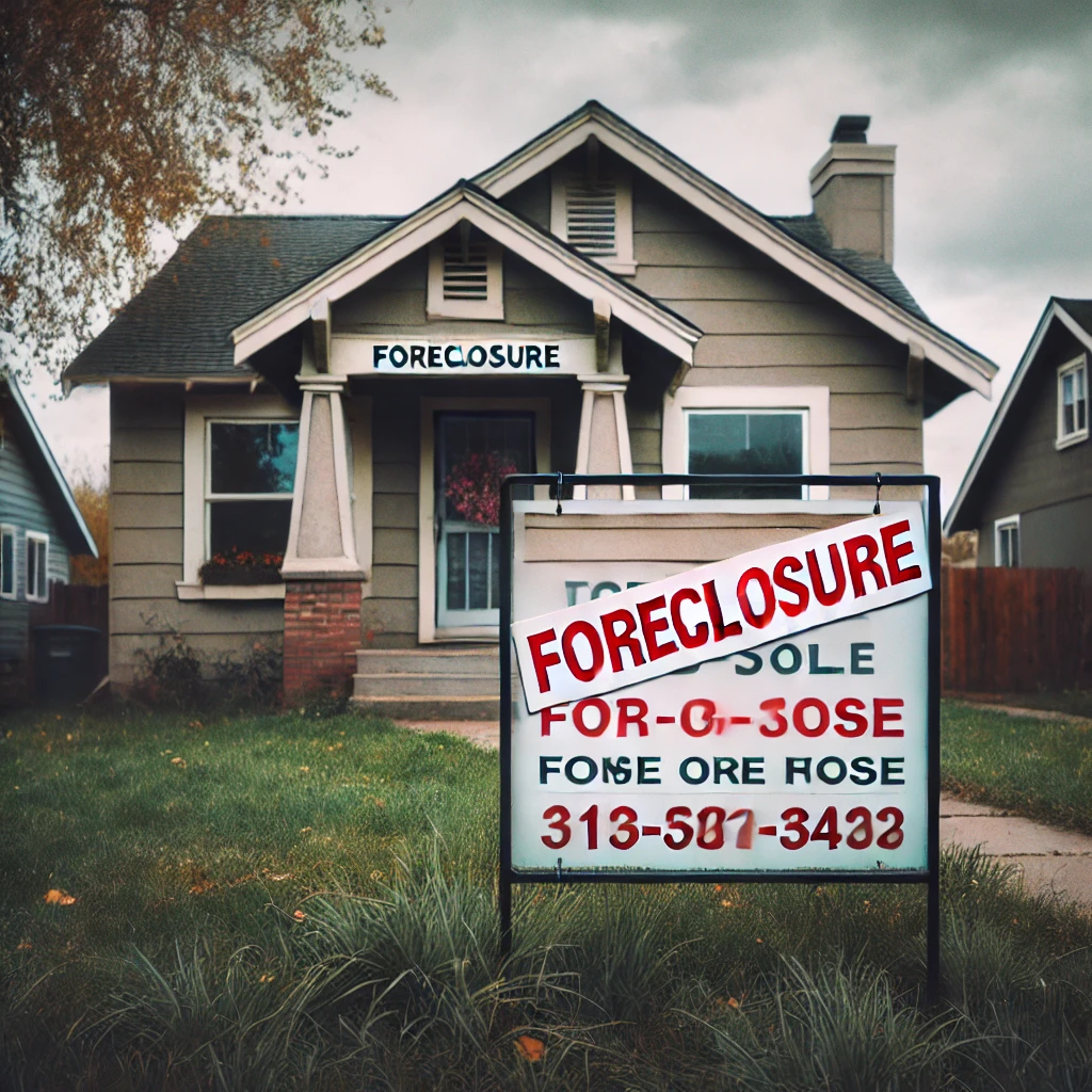 A small suburban home with a 'Foreclosure' sign posted in front. The house has a slightly worn appearance, with overgrown grass in the yard and faded A small suburban home with a 'Foreclosure' sign posted in front. The house has a slightly worn appearance, with overgrown grass in the yard and faded