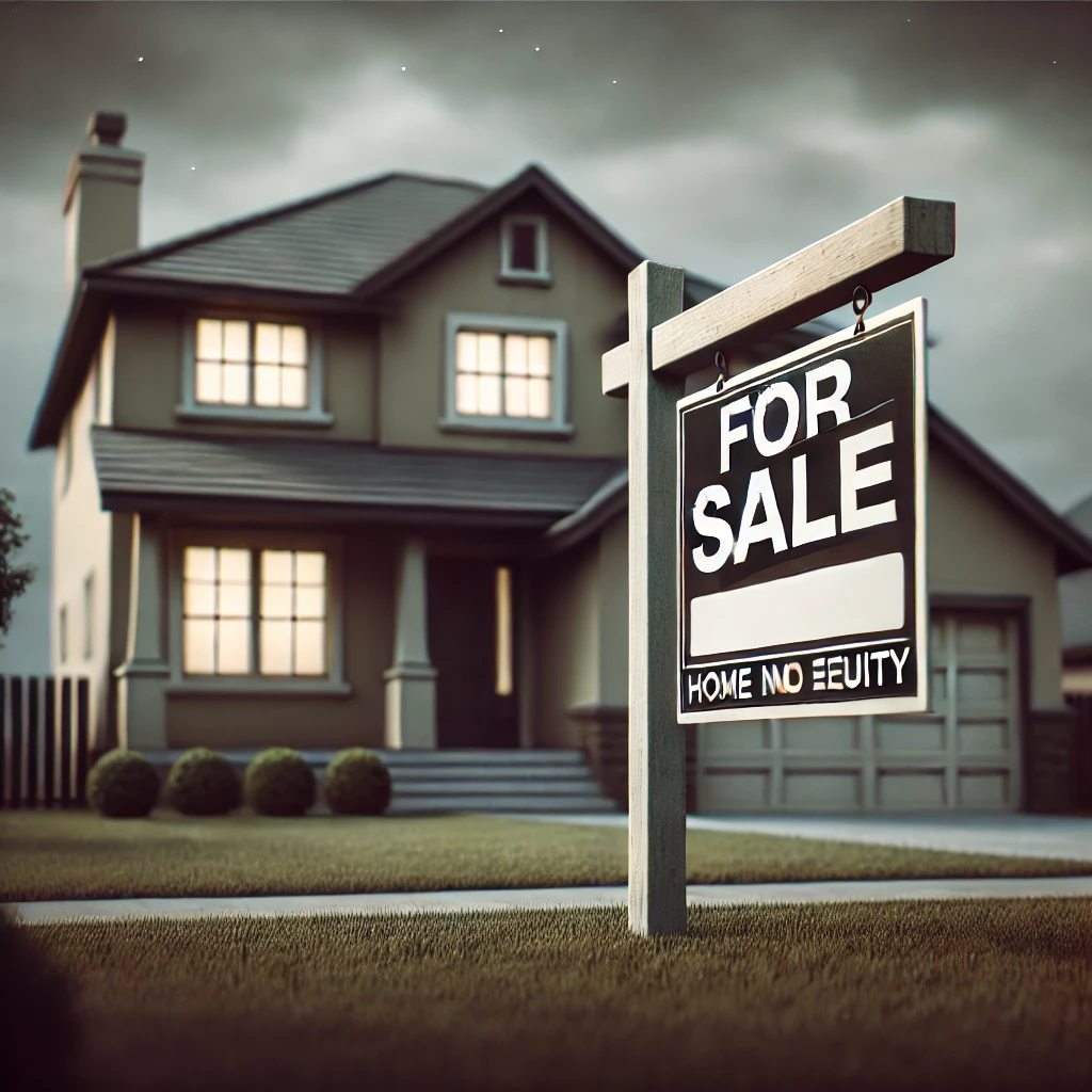 A modest suburban house with a 'For Sale' sign in the front yard, indicating a home with no equity. A modest suburban house with a 'For Sale' sign in the front yard, indicating a home with no equity.