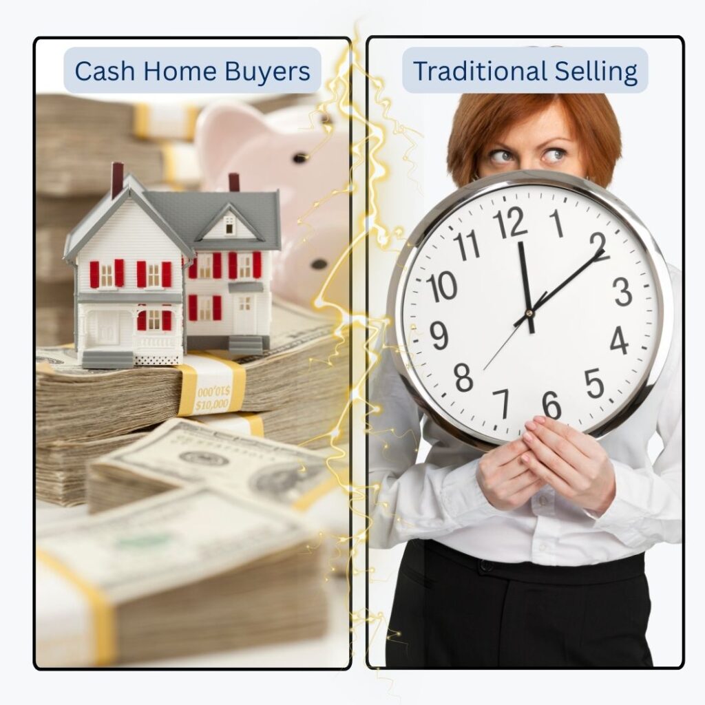 Side-by-side chart comparing cash home buyers to traditional real estate agent sales