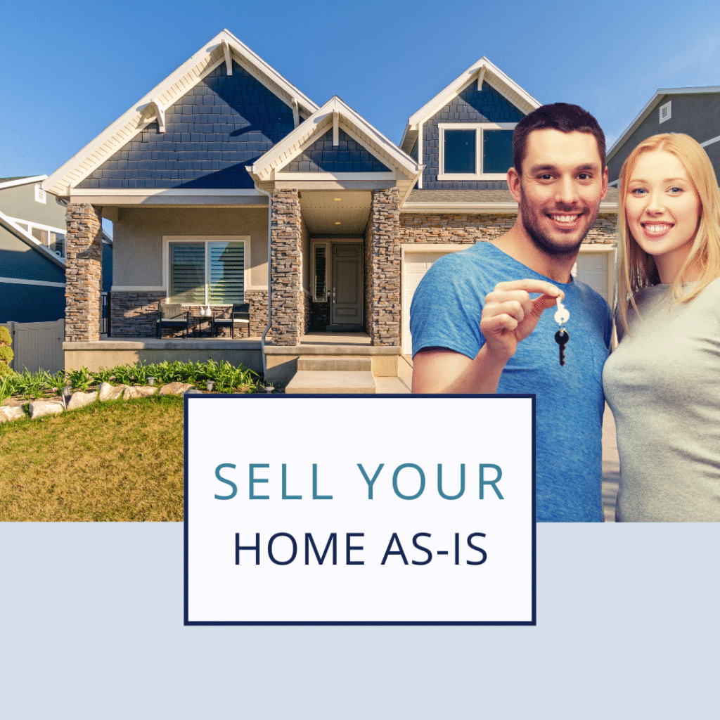 A happy homeowner standing outside a house with a “Sold As-Is” sign, shaking hands with a home buyer.